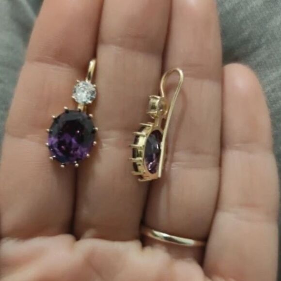 💜Elegant 10k Gold Vermeil Oval Cut Purple Amethyst Cz Diamond Hook Drop Earrings - Picture 3 of 16